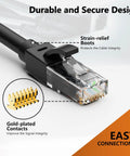 Close-up of Tough As Nails Outdoor 50 Ft Cat6 Cat5E Ethernet Cable 24AWG showing gold-plated contacts and strain-relief boots.