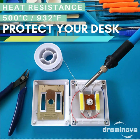 Pro Grade Large Soldering Mat 55x35cm Magnetic Silicone Work Surface with tools and soldering iron in use on heat resistant area