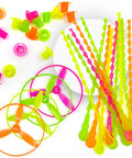 Colorful pieces from 50 Pack Flying Disc Toy Set With Swirly Sticks, Spinners, And Rings, Lightweight Plastic.