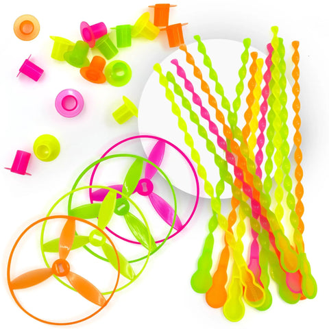 Colorful pieces from 50 Pack Flying Disc Toy Set With Swirly Sticks, Spinners, And Rings, Lightweight Plastic.