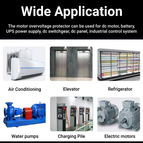 Images of various applications for motor overvoltage protector including air conditioning, elevators, refrigerators, and more.