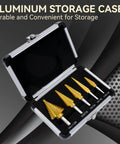 Open aluminum storage case displaying five titanium-coated HSS step drill bits in foam slots