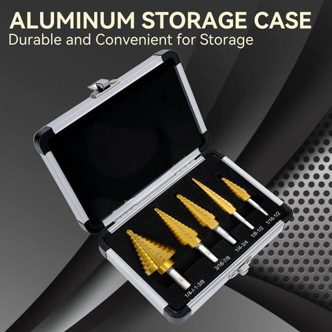 Open aluminum storage case displaying five titanium-coated HSS step drill bits in foam slots