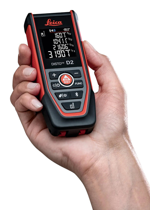 Disto D2R Laser Distance Meter With 490 Ft Range Bluetooth 4.2 NFC Data Transfer To Disto Plan App Smart Horizontal Add Subtract Volume 30 Memory 4 Line Display Intelligent End Piece IP54 Indoor Use Go To Workhorse in hand