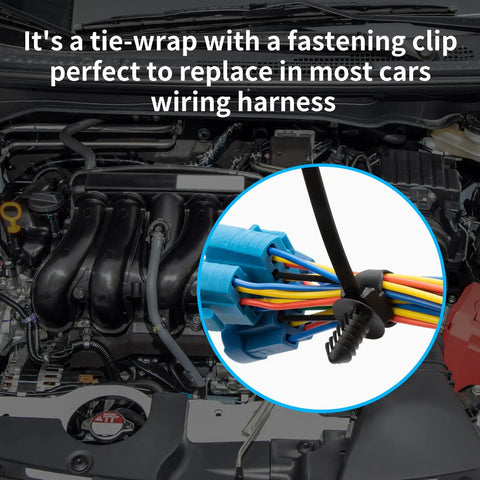 Heavy Duty Nylon Zip Ties Kit 210 Piece Push Mount Self Locking Cable Ties securing car's wiring in engine compartment
