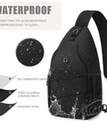 Waterproof Everyday Crossbody Bag For Men And Women With Convertible Shoulder Strap, black sling pack, water-resistant material.