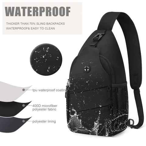 Waterproof Everyday Crossbody Bag For Men And Women With Convertible Shoulder Strap, black sling pack, water-resistant material.