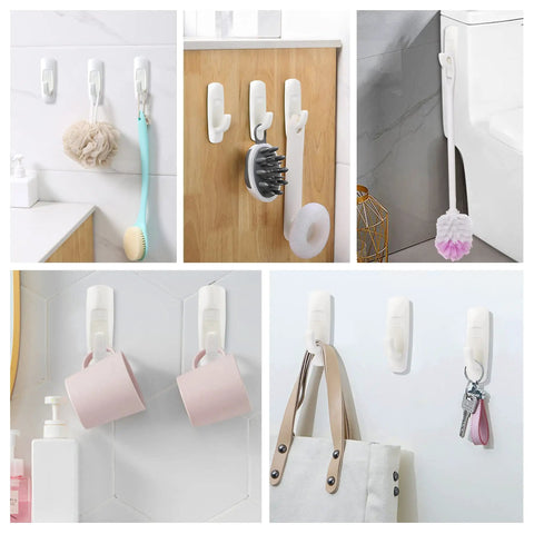 Damage Free Adhesive Hooks Set With Sixteen Hooks And Thirty Two Strips Holds Up To Five Pounds Per Hook For Easy Install On Smooth Surfaces; hooks in use holding bathroom and kitchen items on various surfaces.