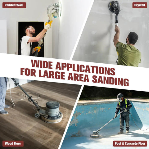 Get Your Tools Ready For Heavy Duty Drywall Sanding These 9 Inch 80 Piece Hook And Loop Sanding Disc Packs Feature Assorted 6 Hole Aluminum Oxide Pads From Coarse To Ultra Fine Grains Perfect For Wall Wood Reno Jobs And Polishing Without Hassles, showing various sanding applications.