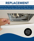 Hand installing Replacement Grille Cover For Roomside Series Bathroom Vent Fans White Finish Easy Install No Fuss Snap On Retrofit Style Fits Housing Nine And A Quarter By Ten Inches