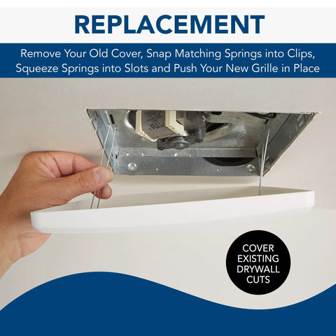 Hand installing Replacement Grille Cover For Roomside Series Bathroom Vent Fans White Finish Easy Install No Fuss Snap On Retrofit Style Fits Housing Nine And A Quarter By Ten Inches
