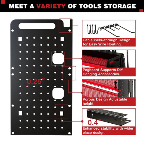 Wall Mounted Power Tool Organizer With Charging Station And 8 Drill Holders Four Layer Garage Storage Rack feature diagram