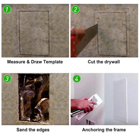 Installation steps for Rock Solid Hinged Access Panel 14x29 Inch wall and ceiling door for drywall plumbing repair.