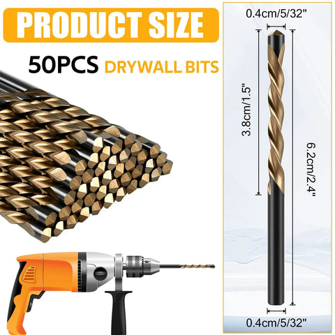 50 Pcs Drywall Rotor Tips 5 32 In Guide Point Cutting Bits M2 HSS Spiral Tools with drill and size dimensions