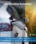 Level 1 Ev Charger For J1772 Vehicles 120V 12A Nema 5-15 Plug Portable Electric Car Charger in snowy and sunny weather.