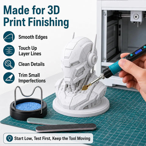 Hand using 18-Piece Pro-Grade 3D Print Finishing Tool Kit With Heat Set Insert Tips And Brass Soldering Iron Tips for smoothing.