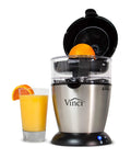 Compact Automatic Citrus Juicer With Hands Free Electric Press For Fresh Orange Lemon Lime Extract. Orange in juicer with juice glass.