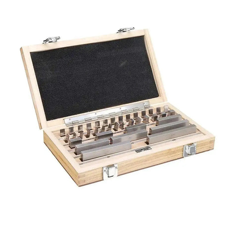 Dead Accurate Pro Grade Metric Gauge Block Set With Straight Shooting Steel Rulers And Router Table Setup Bars For Knockout Woodworking Precision Including Heavy Duty Storage Case 32 Pcs in wooden case.