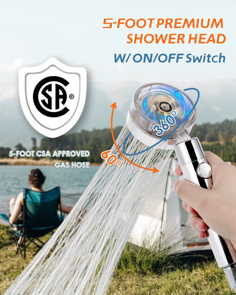 5-foot premium shower head with on/off switch and CSA approved gas hose for Portable Propane Gas Water Heater 7L Tankless