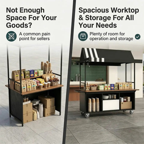 Rock Solid Mobile Vendor Cart With Weather Proof Canopy, Heavy Duty Iron Frame Street Food Stall For City Markets And Festival Grinds Built Like A Beast For Daily Hustles with spacious worktop and storage.