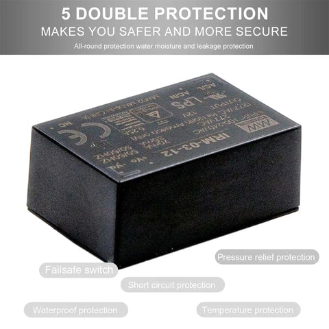 Straight Up Reliable 12V AC DC Switching Power Supply 3W PCB Mount, black module with protection features for reliable use.
