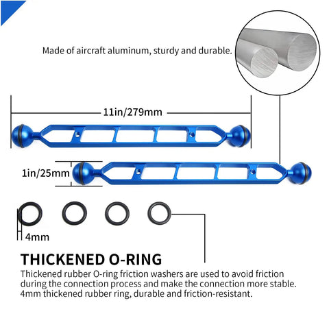 Beefy 11 Inch Underwater Aluminum Extension Arm Set With Dual Ball Heads 1 Inch Connector Waterproof And Rustproof shown with rubber O-rings