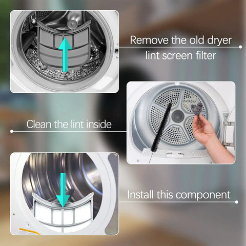 Illustration showing steps to replace Dryer Lint Filter Replacement For LG And Kenmore Dryers Fits DLEX9000V DLEX8000V with brush.