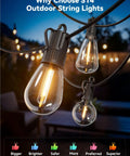 Close-up of 101Ft Outdoor LED String Lights Waterproof With 31 Shatterproof S14 Vintage Edison Bulbs lit up at night.