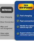 Comparison chart showing old and new version features of Mazda CarPlay And Android Auto Retrofit Kit Slick Plug And Play Upgrade For MZD Connect System