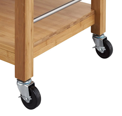 Total Kitchen Upgrade 48 Inch Bamboo Island Cart With Slick Rolling Wheels, showing heavy duty casters for mobility.