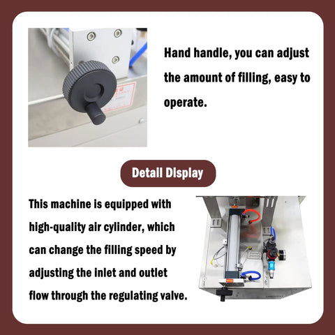 Hand handle detail of Automatic 10 To 100 Ml Paste And Liquid Filling System With Smart Microcomputer Control for easy filling adjustment.