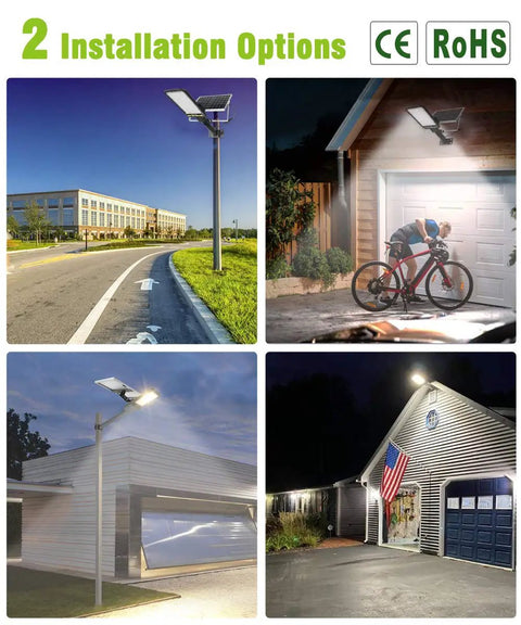 Solar Powered Street Lights 2 Pack With Auto On Off Wireless Outdoor Lighting for yard, driveway, and front door, 1200 lumens.