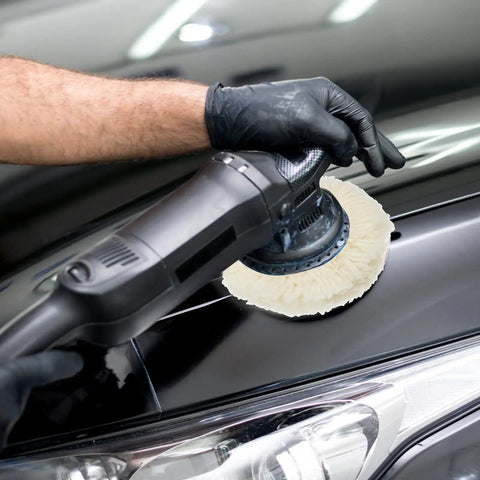 Using 6 Pack 3 Inch Wool Polishing Pads With Hook And Loop Velcro For Drill Polisher Buffing Pads Set For Curved Edges Compound Work Wheel Polish Kit Car Body Repair Buffing on black car surface