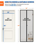 Magnetic Screen Door For 32 By 96 Inch Doors Fits 34 By 97 Screen With Strong Magnets And Reinforced Fiberglass Mesh For Hands Free Entry At Patio Or Front Entrance Gray, showing measurements guide for fitting screen and door sizes.