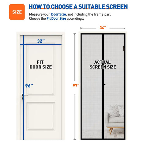 Magnetic Screen Door For 32 By 96 Inch Doors Fits 34 By 97 Screen With Strong Magnets And Reinforced Fiberglass Mesh For Hands Free Entry At Patio Or Front Entrance Gray, showing measurements guide for fitting screen and door sizes.