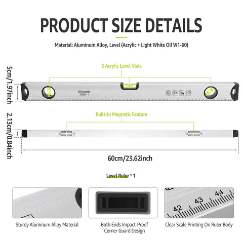 LYIYEYAN 24-Inch Magnetic Torpedo Spirit Level with 3 vials, aluminum alloy body, and magnetic feature for accurate measuring