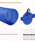 4 Piece Dope Dog Agility Training Course Kit For Backyard Setup with blue tunnel and stakes displayed.