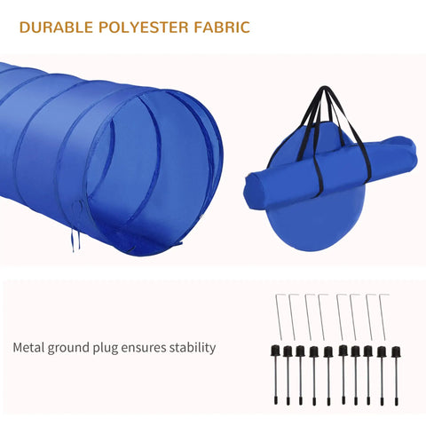 4 Piece Dope Dog Agility Training Course Kit For Backyard Setup with blue tunnel and stakes displayed.
