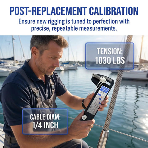 Post-replacement calibration with Hands Free Wire Rope Tension Gauge For Three Sixteenths Seven Thirty Seconds One Quarter Inch Cables Marine Grade Rigging Tool