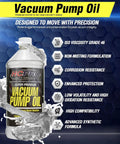 Heavy Duty Synthetic Vacuum Pump Oil Built For Hvac Crews Demanding Zero Mist in a bottle with informative background.