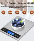 Dope Digital Kitchen Scale With USB Charging Or Battery Power, Waterproof Stainless Steel displaying weight of blueberries