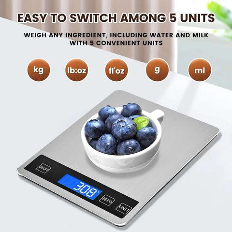 Dope Digital Kitchen Scale With USB Charging Or Battery Power, Waterproof Stainless Steel displaying weight of blueberries