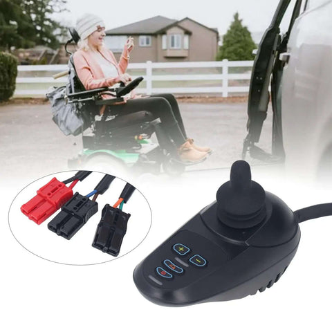 All Aluminum Electric Wheelchair Joystick Controller 18V To 30V Brushed Motor shown with connectors and wheelchair user