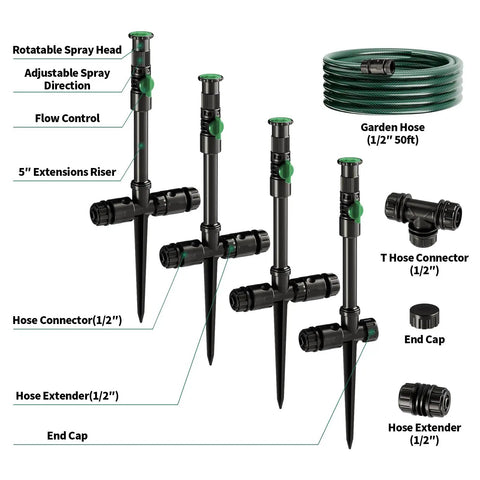 Flexible Sprinkler System for Lawn and Garden Beds DIY Irrigation Kit with Adjustable Sprinkler Heads Above Ground Watering Solution for Lawn Flowers and Vegetables 50ft Garden Hose Included