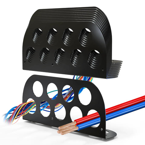 Hadwoer Cable Chase Wire Bracket 10 Pack NM Cable Organizer with 13 Holes showing black iron bracket design and multiple NM cables.