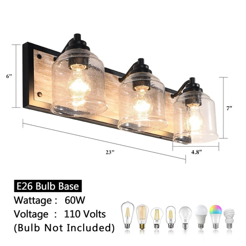 Three-Light Bathroom Vanity Light 23 Inch Large Fixture With Bubble Glass Shades, Farmhouse Rustic Gray Over Mirror Bath Lighting.