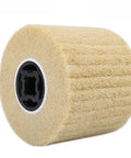 Heavy Duty 120mm Nylon Wire Polishing Wheel With 100x19mm Burnishing Drum Brush for metal polishing, shown from side angle.