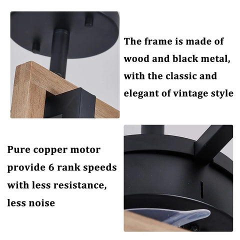 Close-up of black metal frame and wood accent on Low Profile Farmhouse Wood Ceiling Fan With Light And Remote, 16 Inch, retro rustic vibe.