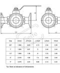 Geife 2-inch tri-clamp sanitary 3-way ball valve, PTFE seat, stainless steel 304, blue handle; front and side views
