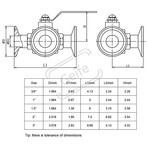 Geife 2-inch tri-clamp sanitary 3-way ball valve, PTFE seat, stainless steel 304, blue handle; front and side views